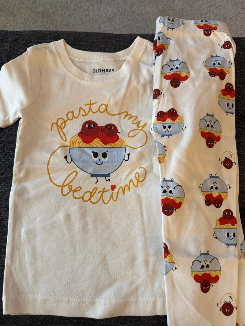 Old Navy White Kids Pajama Set with Red & Yellow Pasta Print
